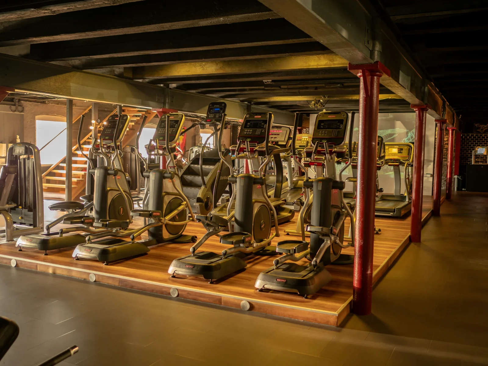 Die Cardiogeräte des Sportshouse Bitterfeld auf einer Holzplattform.